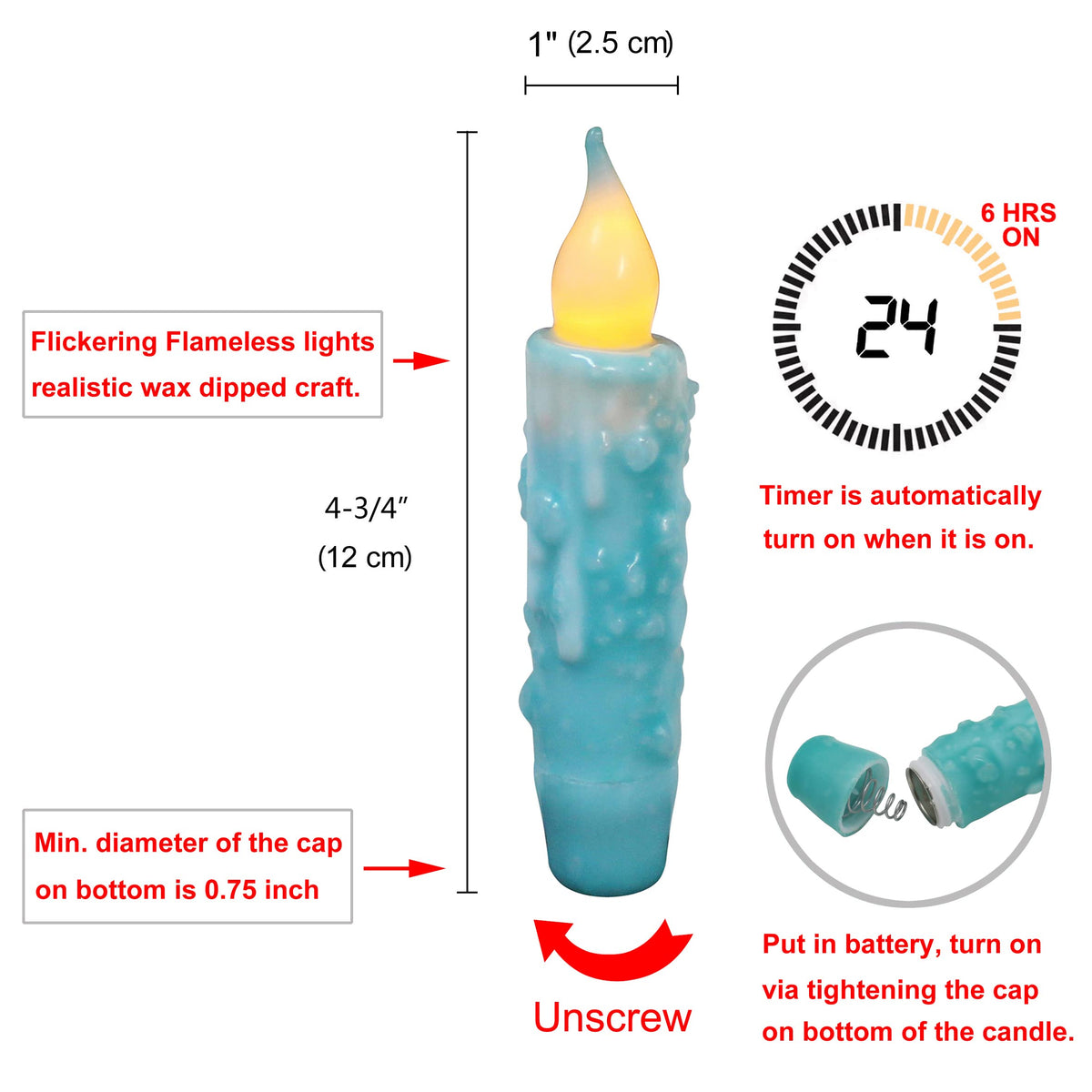 CVHOMEDECO. Real Wax Hand Dipped Battery Operated LED Timer Taper Candles Rustic Primitive Flameless Lights Decor, 4-3/4 Inch, Teal, 6 PCS in a Package