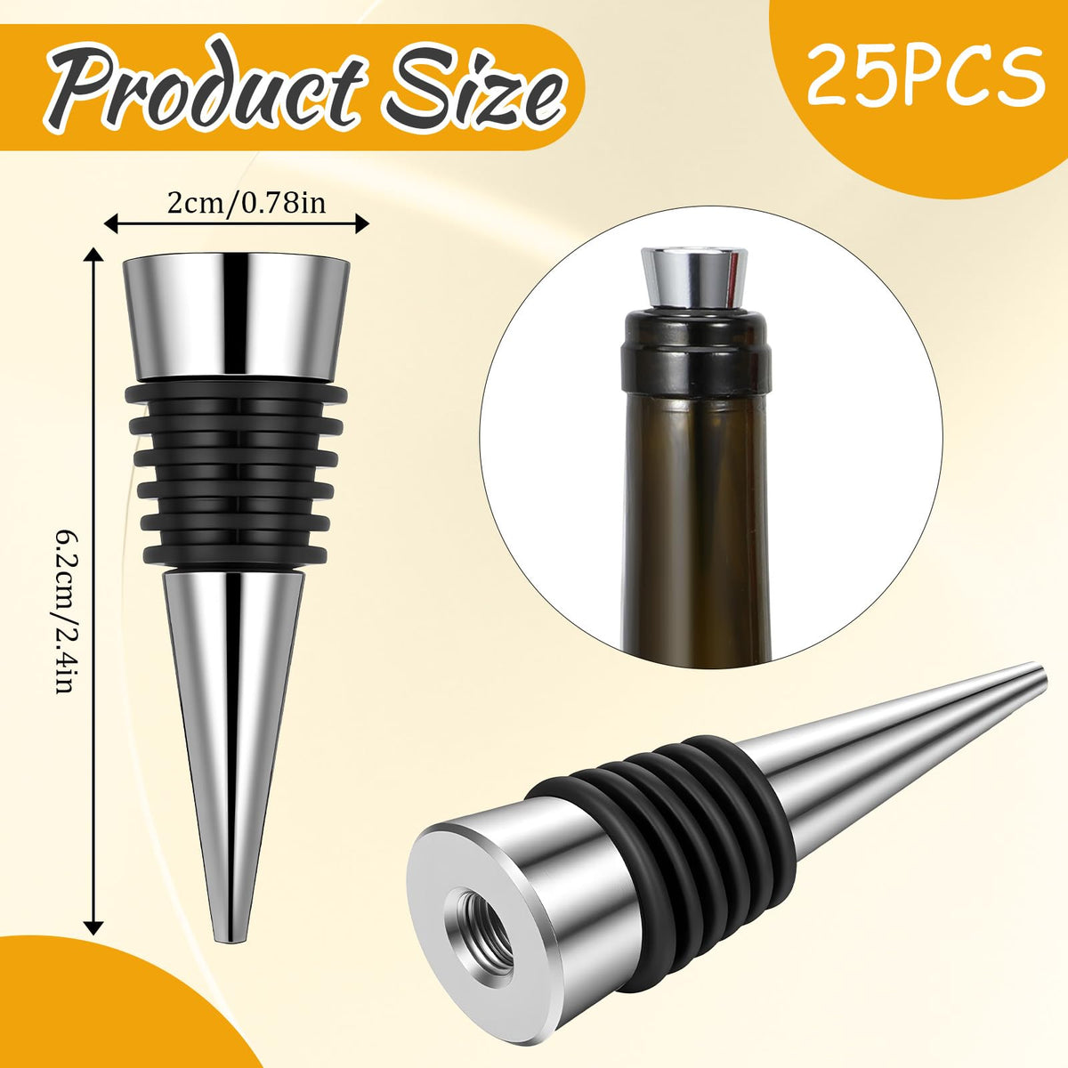 25 Pieces Wine Bottle Stopper Set Kit Reusable Decorative Bottle Stoppers Stainless Steel Wine-Bottle Stopper Kit for Kitchen, Bar, Gifts, Holiday Party, Wedding(Metal Silver)