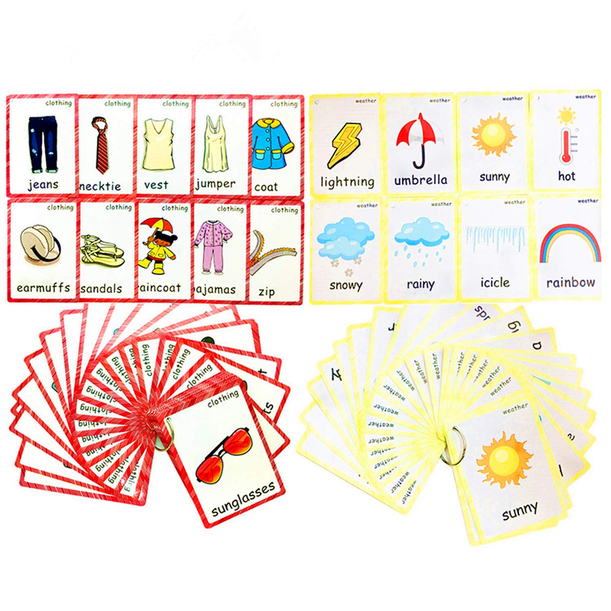 Set of Clothing and Weather Flash Cards for Toddlers | Kids Learning Flashcard & Montessori Pocket Cards Toys | Perfect for Pre-K Decor Background Wall Stickers, Teacher/Autism Therapists Tools