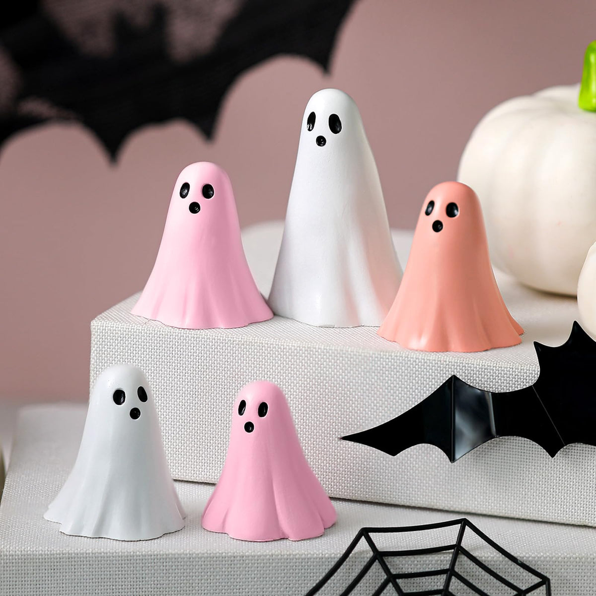 Amyhill 5 Pcs Halloween Ghost Figurine Resin Ghost Sculpture Statue Cute Halloween Decorations Spooky Tiered Tray Decor for Indoor Home Table Centerpieces Party Kitchen Tabletop Shelf (Cute,Pink)