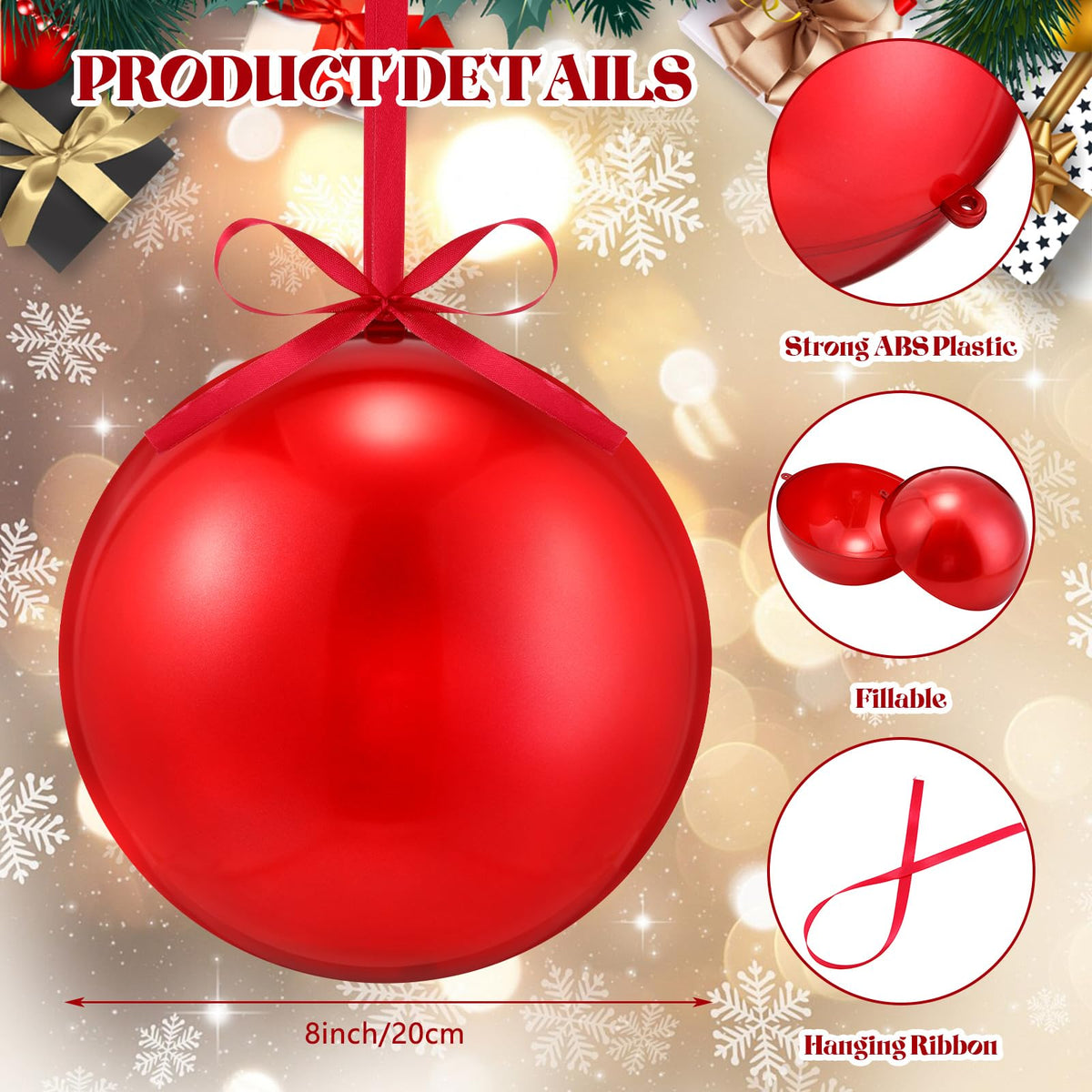 Zubebe 2 Pcs 8" Giant Fillable Christmas Ornaments with Ribbons Oversized Plastic Xmas Balls for Outdoor Lawn Yard Decor, Tree Hanging, Holiday Gifts(Matte Red, Shiny Red)