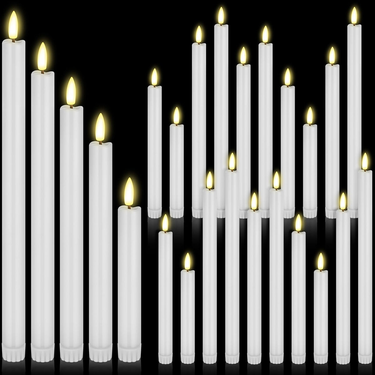 Rossesay 20 Pcs Flameless LED Taper Candles Battery Operated Taper Candles 5 Sizes of 6.5'', 7.7'', 8.8'', 10.0'', 11.2'' Flameless Candlesticks Flickering with 3D Flame for Wedding (White)