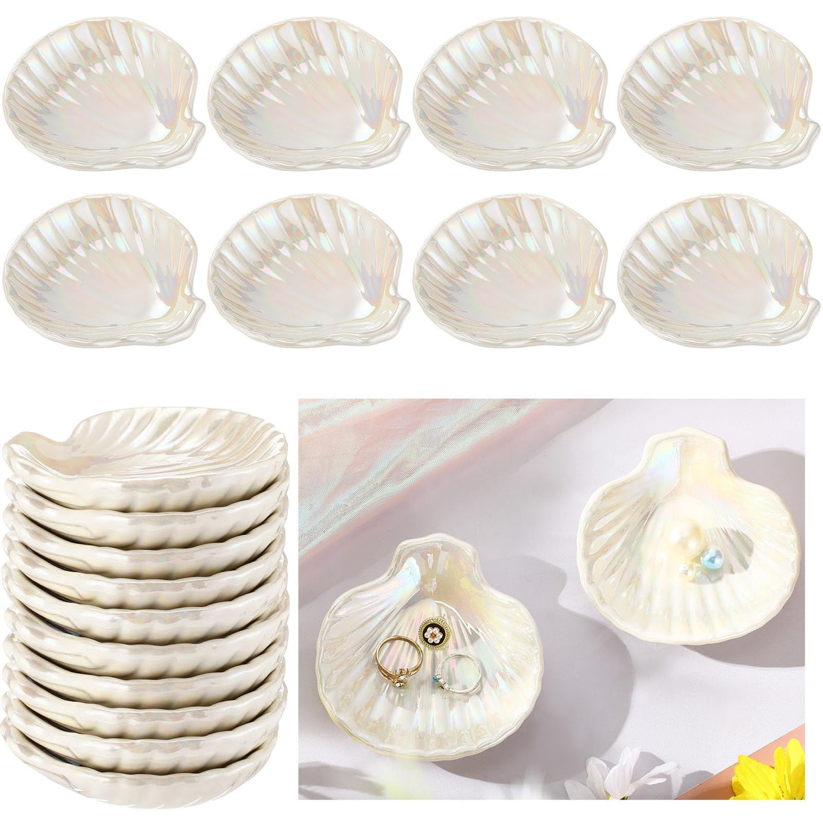 Teenyyou 8 Pcs Shell Ring Dish Ceramic Jewelry Trinket Dish Tray Seashell Ring Key Holder Bowl Beach Room Coastal Plate Decor for Home Bathroom Counter(White)