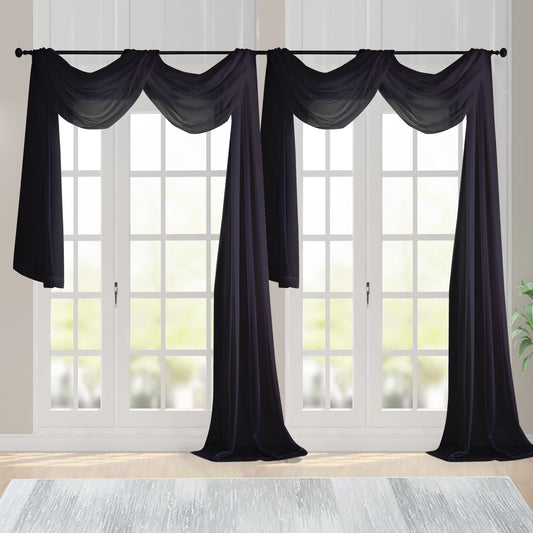 Chyhomenyc Black Sheer Scarf Valances for Windows 216 Inch Extra Long, Window Scarf Drapes Rod Pocket Backdrop for Wedding Arch Draping/Party/Canopy Bed/Living Room, 2PC, 18 Feet Length