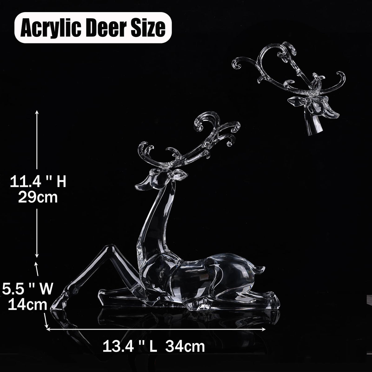LINYTHER Large Luxury Clear Acrylic Reindeer Figurine for Christmas Decor, Elegant Transparent Crystal-Like Deer Sculpture for Table, Shelf, and Decorative Centerpiece (White Sitting 11.4")