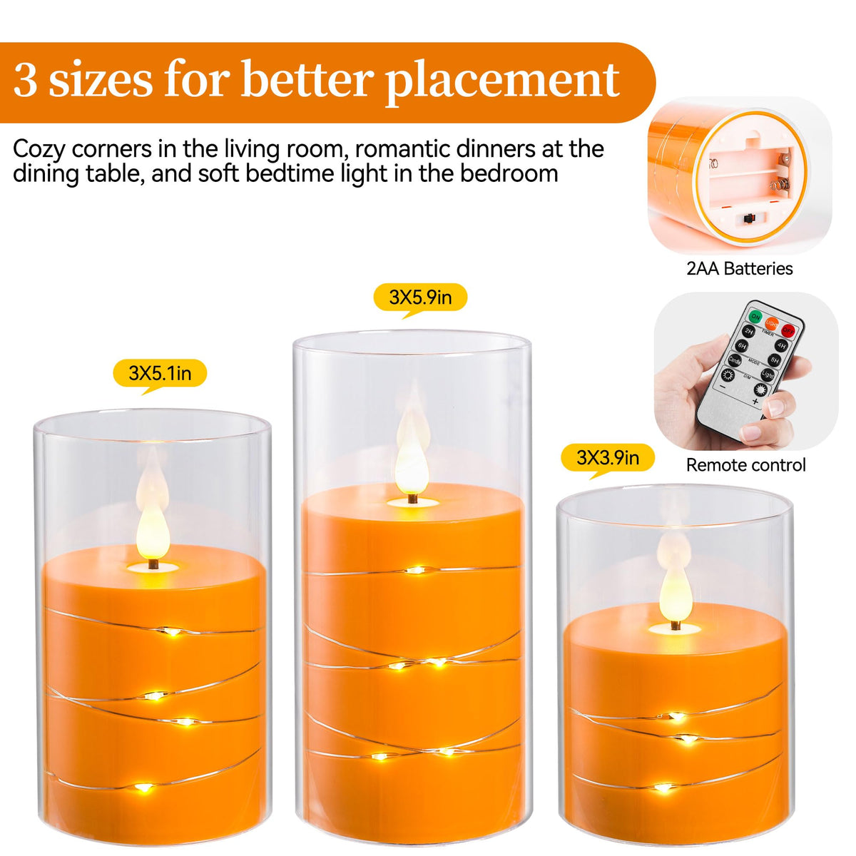 Da by 3 Pack Orange Transparent Acrylic Flameless Taper Candles, Flickering Black Wick LED Candles with Fairy String Lights, Heat Resistant ABS Candles with Remote for Indoor Outdoor Decor