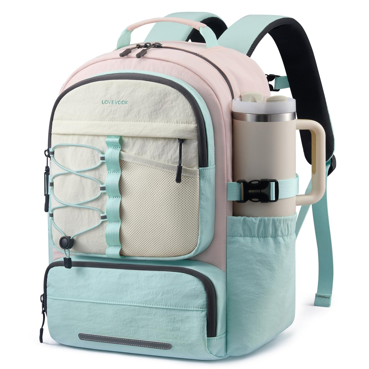 LOVEVOOK School Backpack for Teen Girls, Unique Style College Student Backpacks with Large Cup Holder, Cute Kid Bookbag with Pens Compartment, Large Capacity Back to School Backpack Fit 15.6'' Laptop