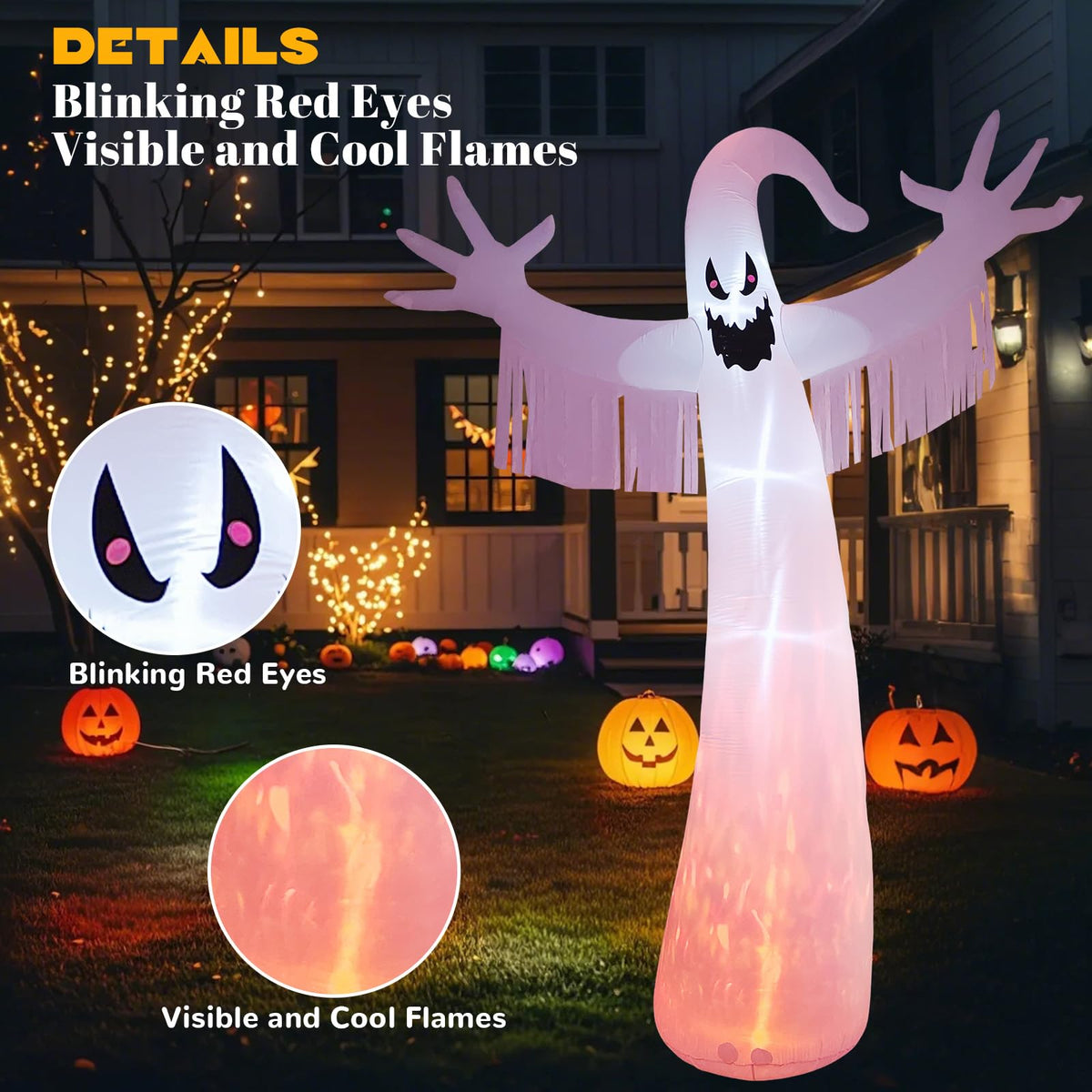 12FT Halloween Inflatables Outdoor Decorations: Inflatable Ghost with Fire Flame and Blinking Red Eyes, Blow up Decor for Yard Garden Lawn Home Holiday Party
