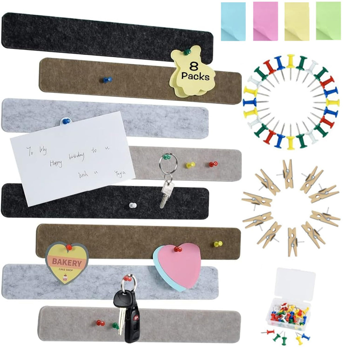 Vuzvuv 8 pcs Bulletin Board Bar Strips with 50 Pushpins & 10 Wooden Clip pins，Self Adhesive Cork Board for Wall，Felt Pin Board for School，Office Decor(Black Brown Gray)