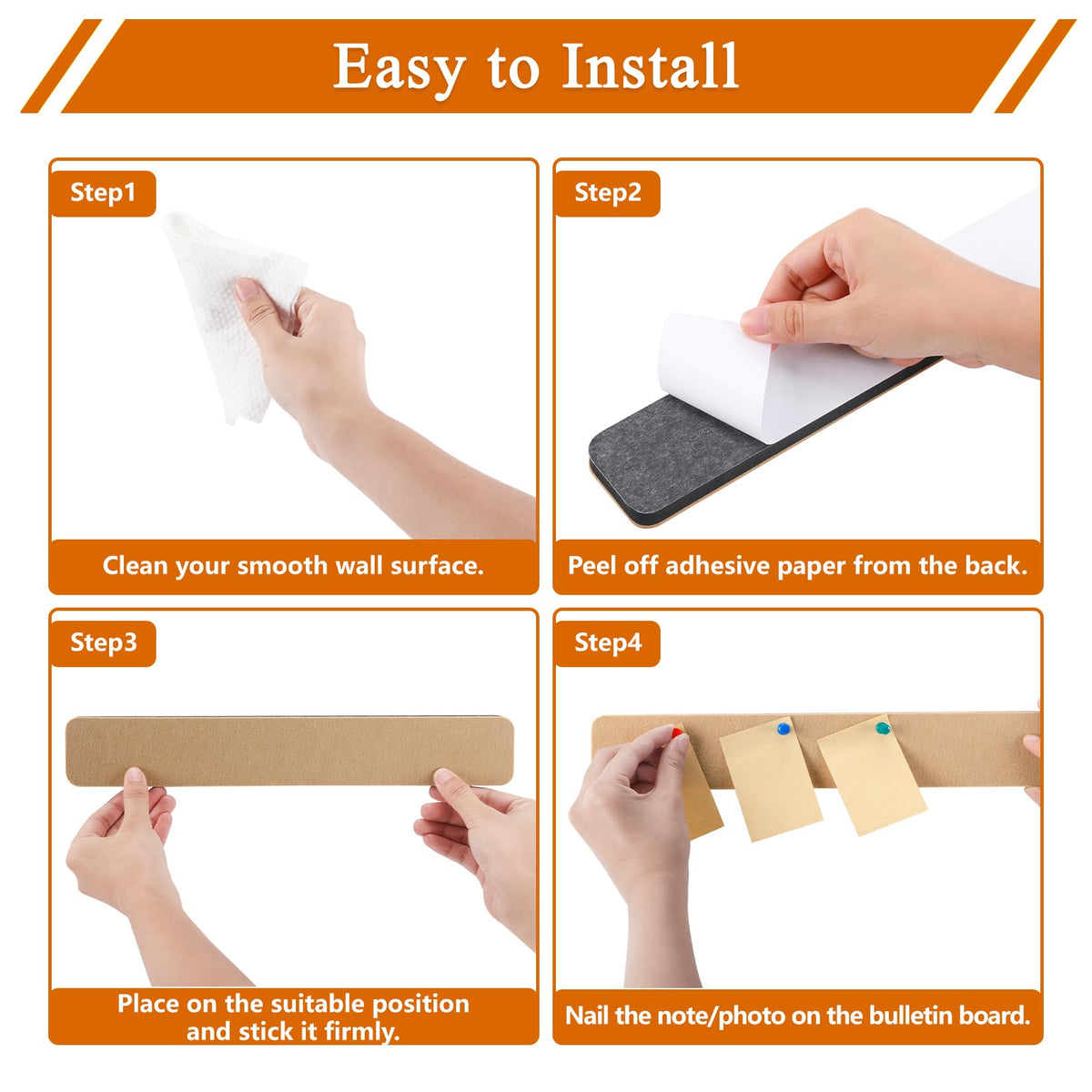 HULAVO 8Pcs Rectangle Felt Cork Board Bar Strips with 35 Pushpins, Self-Adhesive Bulletin Board Strips for Office School Home Wall Decor Stickers Memos Schedules Photos Display -Gradual Brown