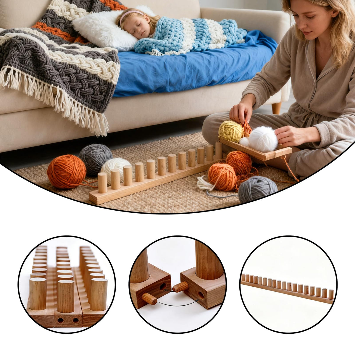 46-Inch Wooden Chunky Blanket Loom, Adjustable Hand Knitting Yarn Chunky Blanket Kit, Portable for DIY