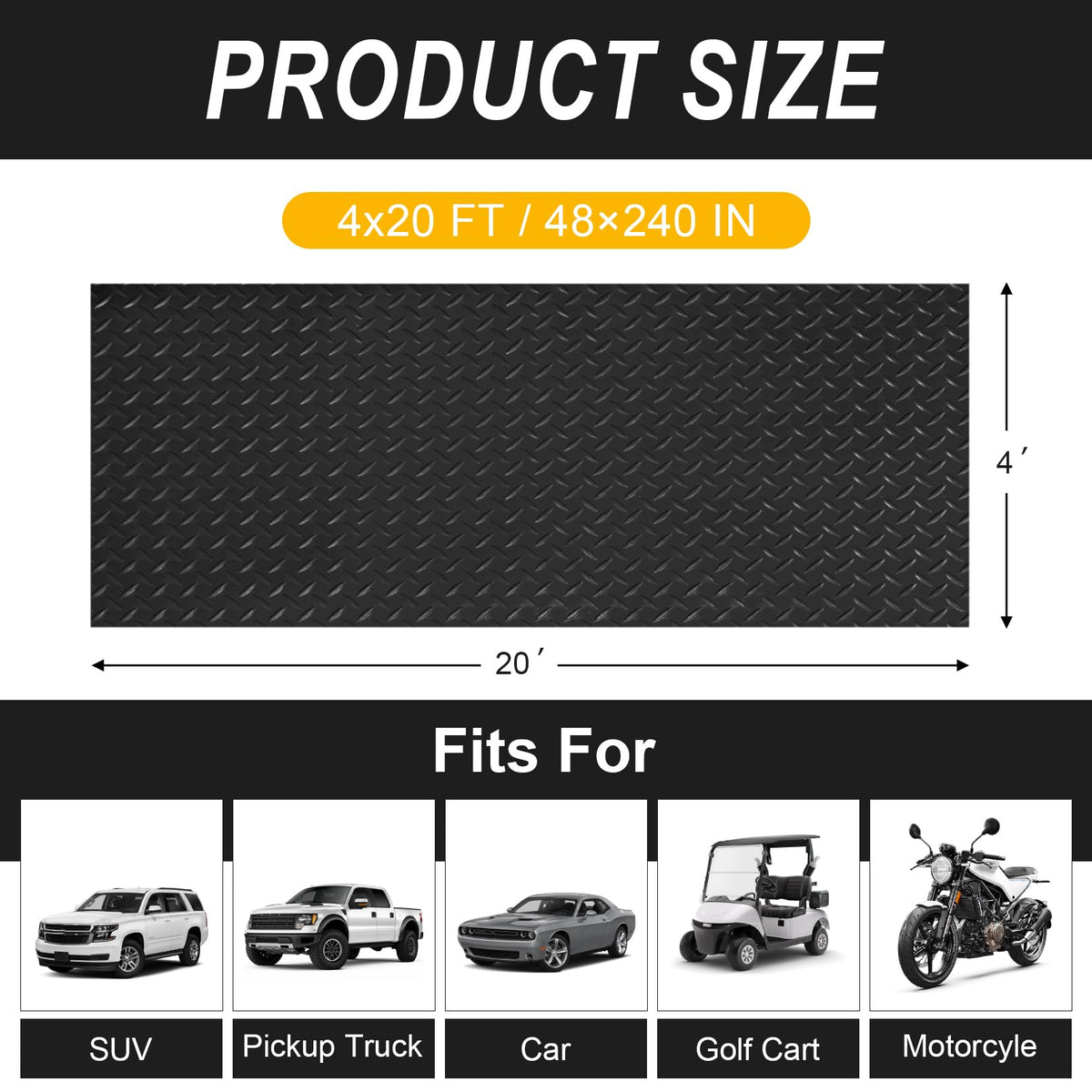 4x20FT Garage Floor Mat, 2.8mm Thickened Flooring Roll for Under Car, Golf Cart Parking Mat, Diamond Plate PVC Rubber Motorcycle Mat, Non-Slip Floor Protector for Garage Warehouse Trailer, Black