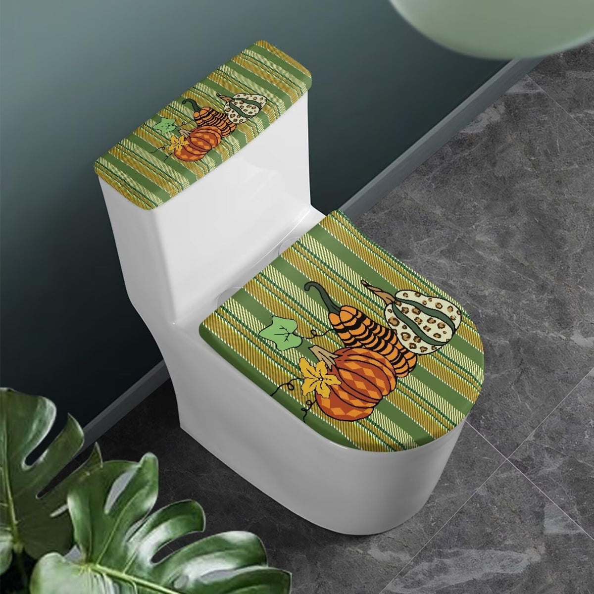 GLENLCWE Thanksgiving Pumpkin Toilet Seat Covers Set Red, 2 Pcs Green Dust-Proof Round Oval Toilet Lid and Tank Lid Covers for Bathroom Set