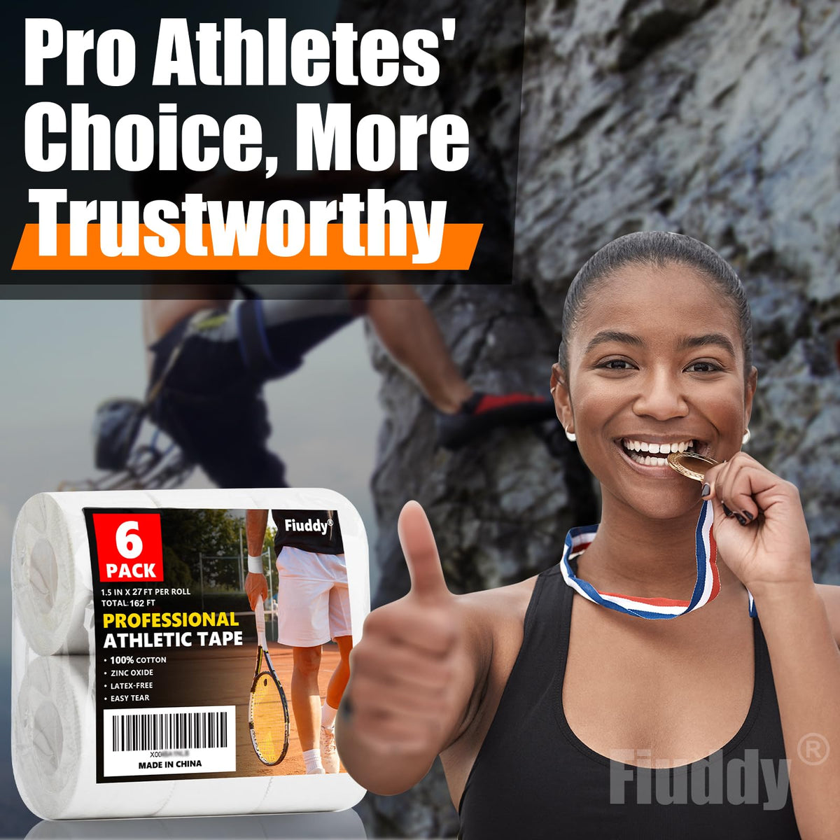 Professional 6 Pack White Athletic Sports Tape - 1.5 Inch × 27 Feet Per Roll | Total 162 Feet, Very Strong Easy Tear No Sticky Residue Wrist Ankle Tape for Football Climbing Soccer Gymnastics Injuries