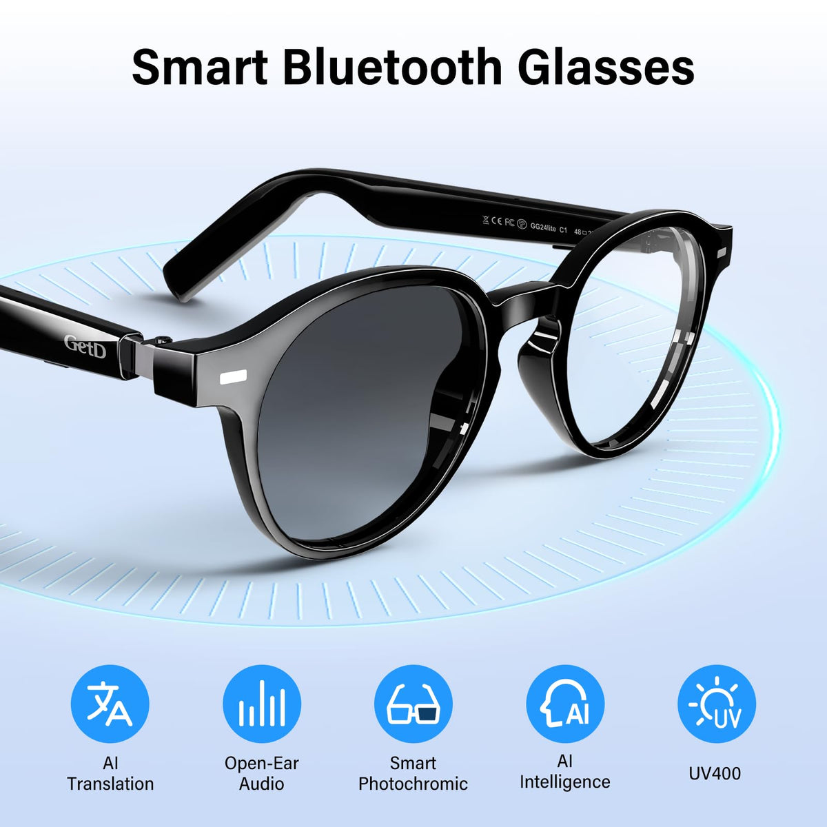 GetD 2026 AI Smart Glasses for Men Women, Translation Glasses with ChatGPT 145 Language, Photochromic Lenses, Bluetooth Glasses 11H Music Play /9H Call for Travel Daily Use