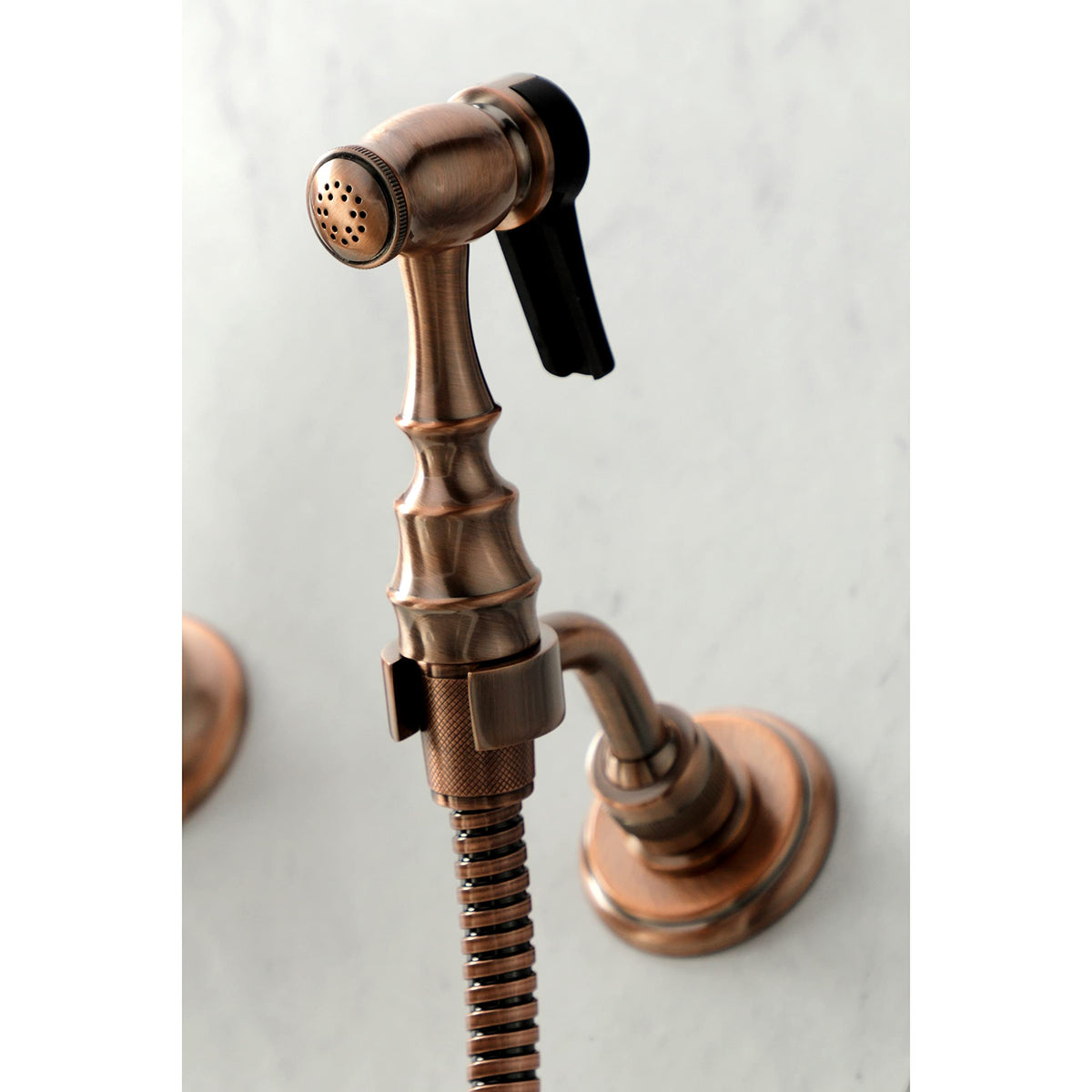 Kingston Brass KS124AXBSAC Heritage Wall Mount Bridge Kitchen Faucet with Brass Spray, Antique Copper