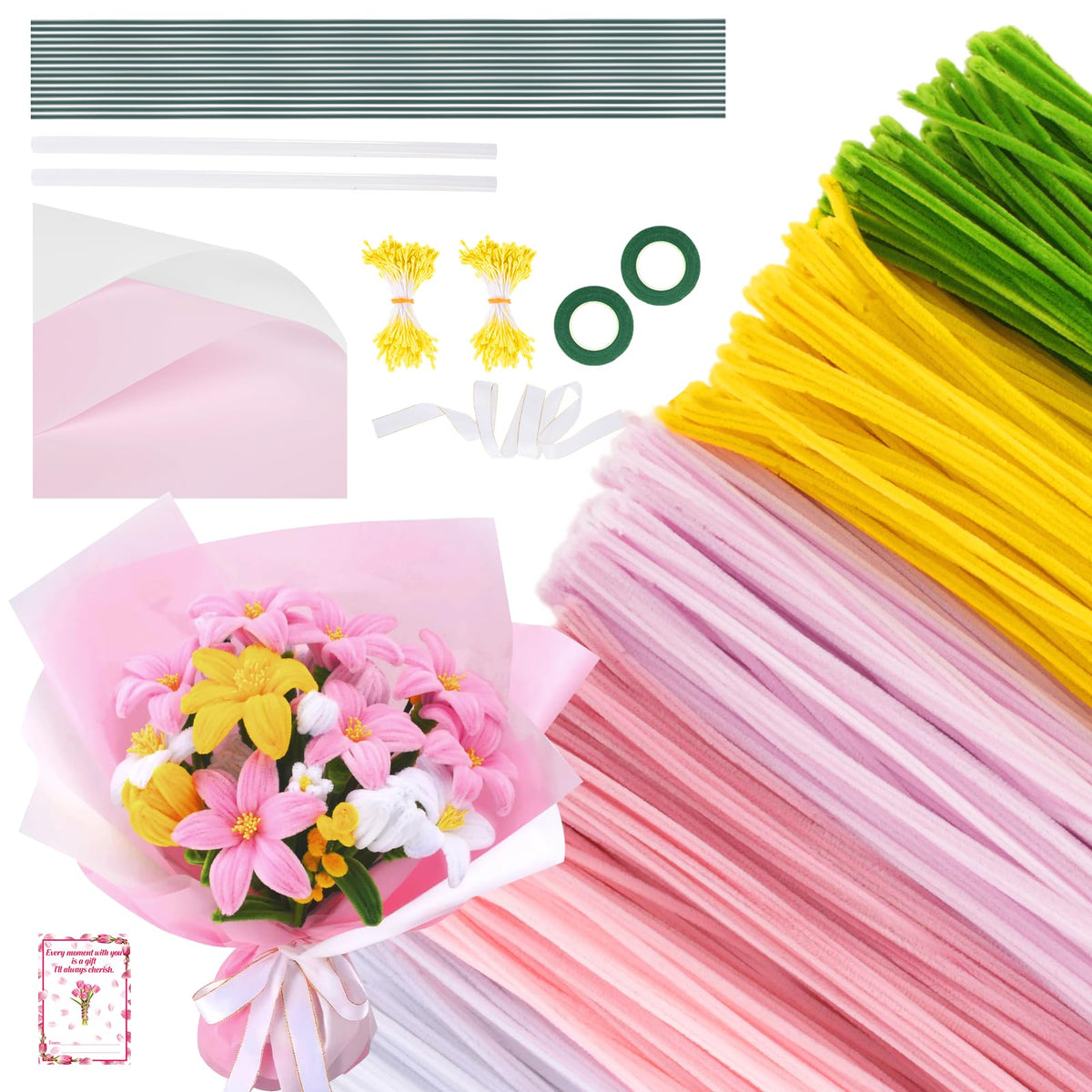 600PCS Pipe Cleaners Craft, Pipe Cleaner Bulk Flower Kit, 6 Colors Chenille Stems Flower Making Kit with Floral Wires, Gardening Tape, Stamen, Floral Wrapping Paper & Ribbon for Art and Craft Supplies