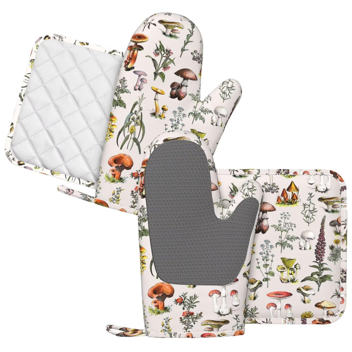 CEVIOLINRE Vintage Botanical Oven Mitts and Pot Holders Set Silicone Heat Resistant Plants Herbs Mushroom Kitchen Gloves Set Nature Floral Kitchen Mittens Pot Holders for BBQ Cooking Baking Grilling