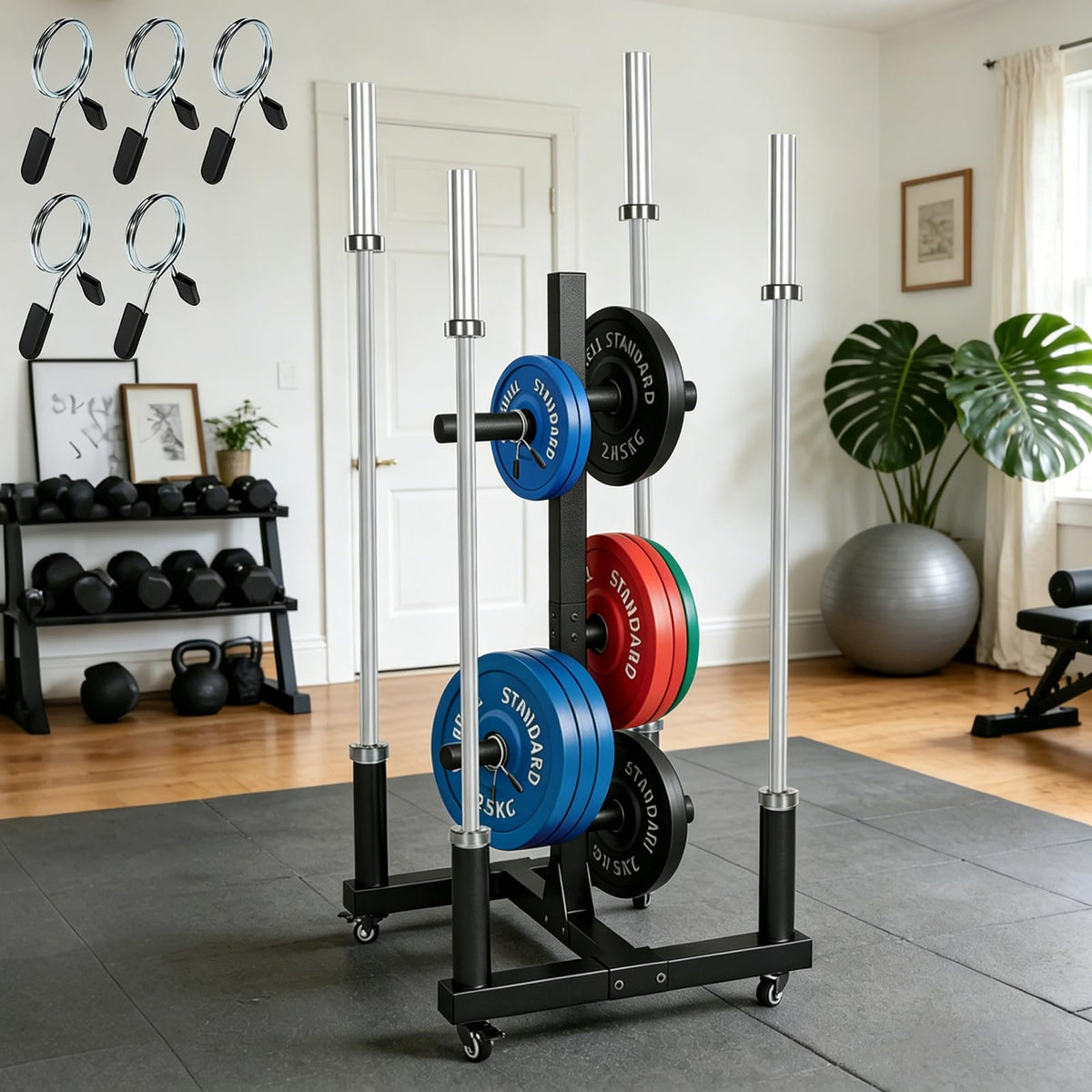 laapee Weight Plate Rack for 2-inch Olympic Bumper Plate and Barbell, Weight Tree with 800 LBS Capacity, Heavy Duty Storage Racks with 4 Barbell Holder & Lockable Wheels for Home Gym Garaage Gym