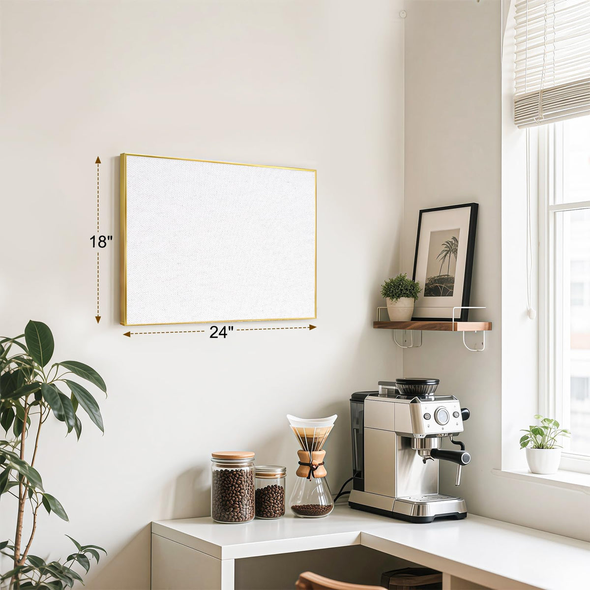 QUEENLINK Linen Bulletin Board 24 x18 Inches, White Pin Board Vision Board, Gold Aluminum Framed Fabric Cork Board for Home Office Wall Decor, 10 Push Pins