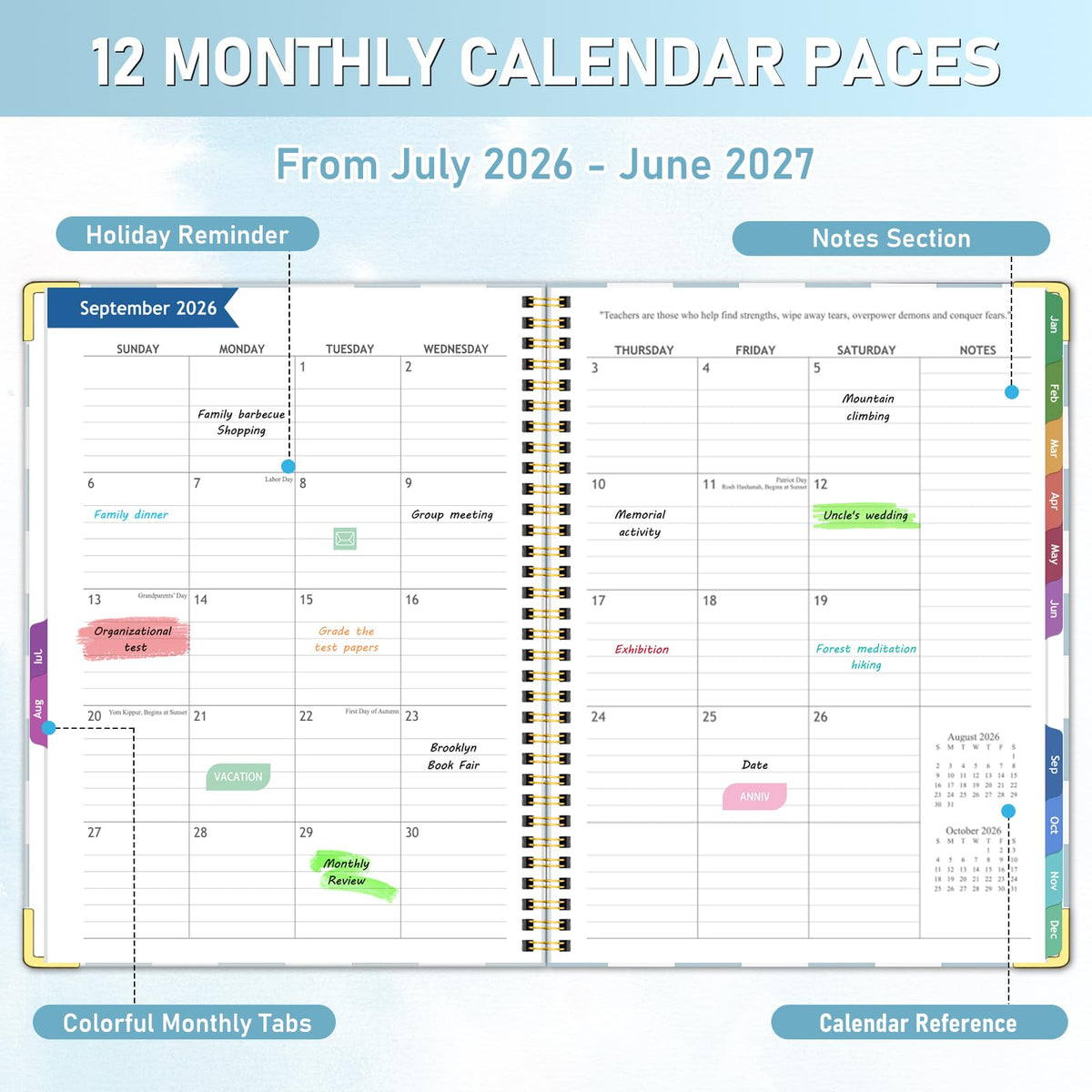 Teacher Planner 2026-2027, Jul 2026-Jun 2027 Academic Year, 8.5" x 11" Lesson Planner Book for Teacher Calendar, Spiral Bound Planners, Colorful Monthly Tabs, Planning Stickers, BlueCheckered