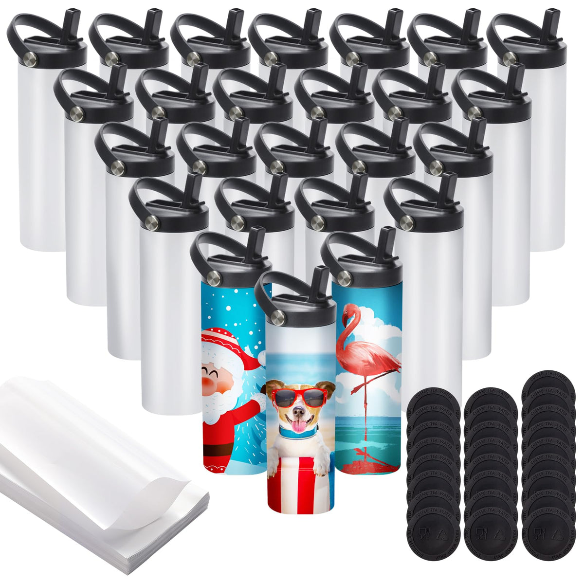 25 Pack Sublimation Tumblers Flat Edge Blanks Skinny Straight 20 oz, Stainless Steel Double Wall Insulated Sublimation Water Bottles with Portable Handle & Straw Lids for Heat Transfer, White