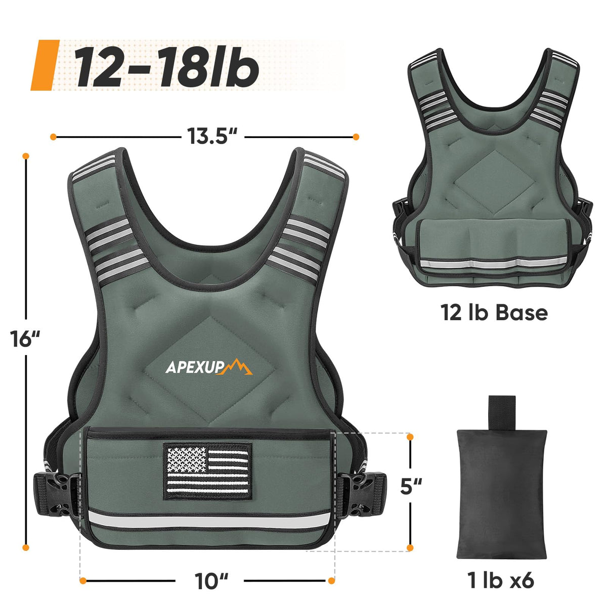 APEXUP Adjustable Weighted Vest, 4-10lb/12-18lb/20-32lb Vest with 6 Ironsand Weights and Large Pocket, Weight Vest for Men Women Strength Training, Running, Walking (12-18lb, Grey)