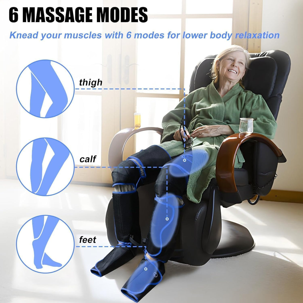 FinityPro FSA Air Compression Leg Massager for Circulation and Pain Relief, Full Leg Compression Boots with Adjustable Extension Straps for Foot Calf Thigh, 3 Modes & 20-Min Auto Shut-Off