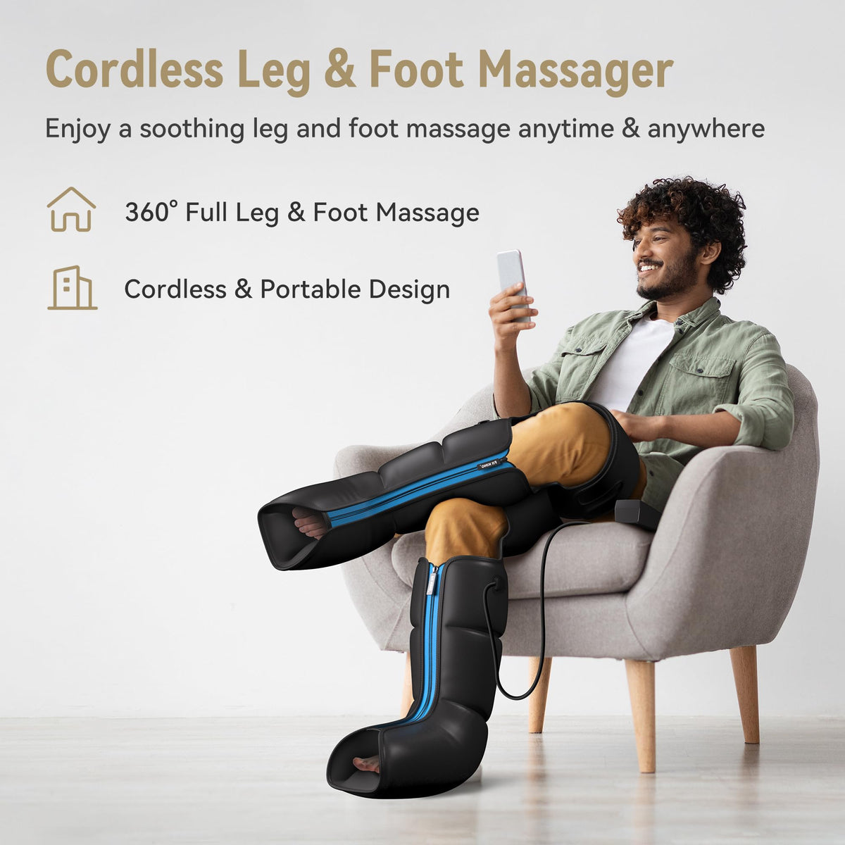 FIT KING Rechargeable Leg and Foot Massager - Cordless Air Compression Full Leg Boots Massager for Circulation and Recovery - Pressure Sensor & LCD Display - 3 Modes 10 Intensities 5 Timer Functions