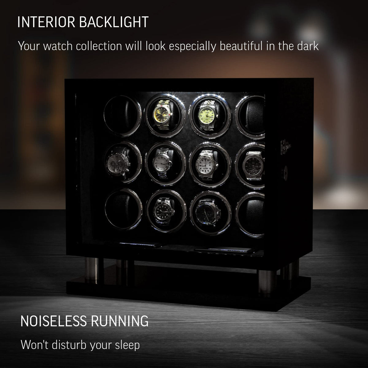 12 Watch Winder for Automatic Watches with LED Light and LCD Touchscreen Control (Burlwood + Beige)