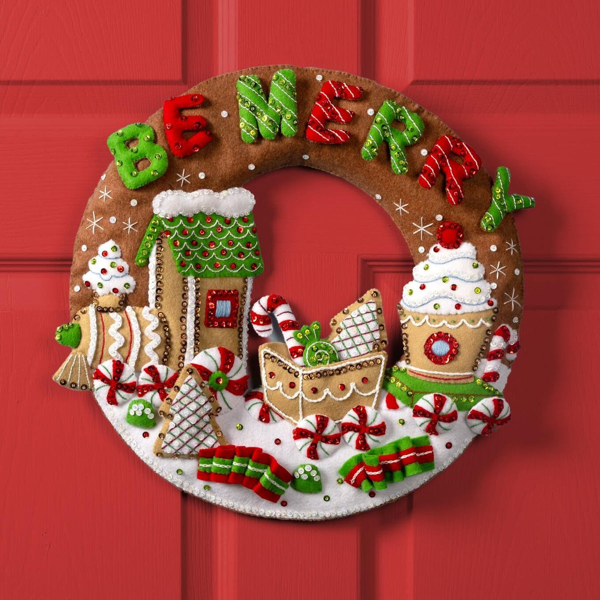 Bucilla Felt Applique Wreath Making Kit, Gingerbread Express, Perfect for DIY Arts and Crafts, 89677E