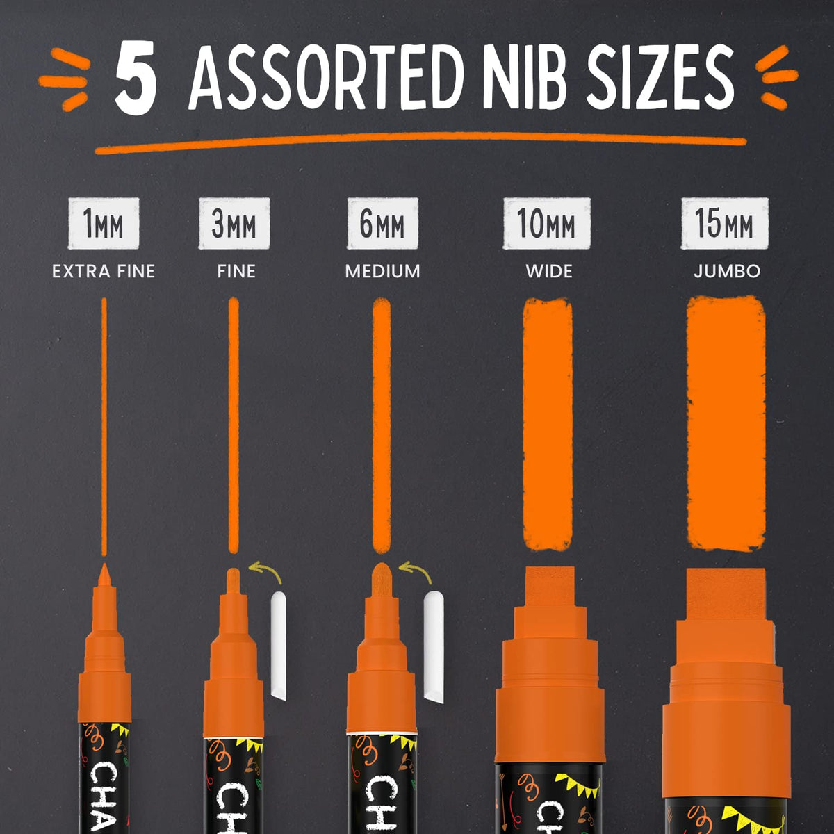 5 Orange Chalkboard Chalk Markers - Orange Dry Erase Markers for Blackboard, Chalkboard Signs, Windows, Glass | Variety Pack - Fine & Jumbo Size Ink Pen (1mm, 3mm, 6mm, 10mm, 15mm)
