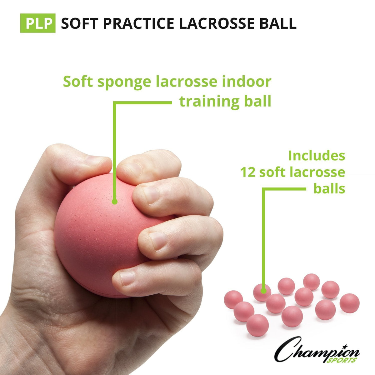 Champion Sports Sponge Lacrosse Balls: Soft Touch for Professional, College and Grade School Indoor Outdoor Training and Practice - 12 Pack, Pink-Sponge