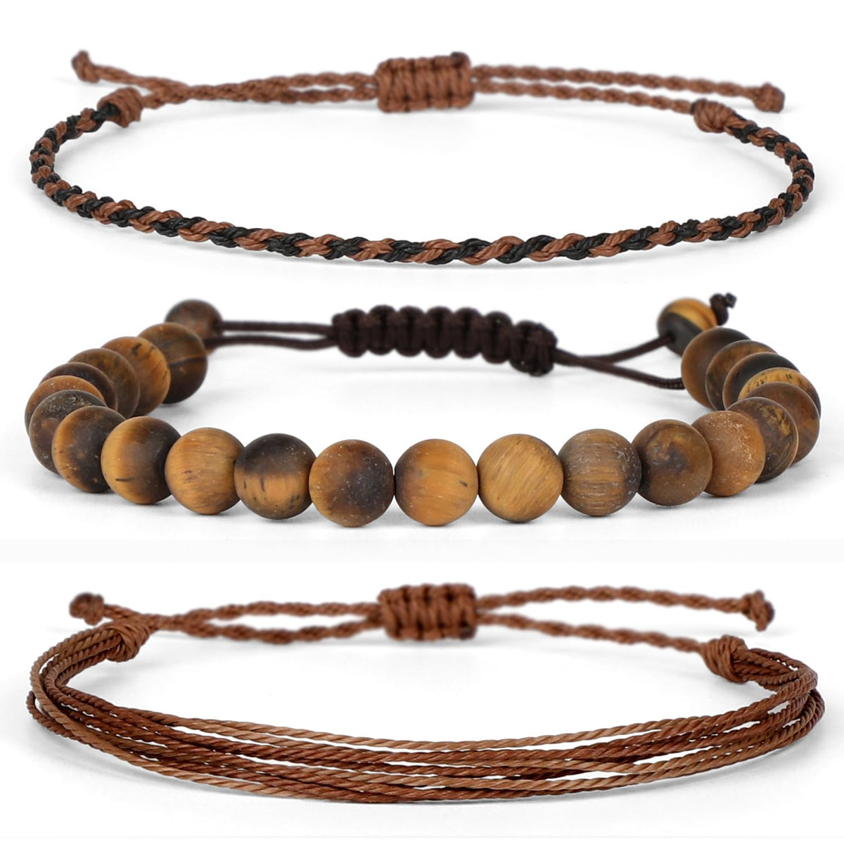 QOGIR Handmade Healing Bracelets,8mm Natural Matte Yellow Tiger Eye Gem Stone Beads Bracelet, for Men Women Gifts with 2PCS Size Adjustable Rope Bracelets