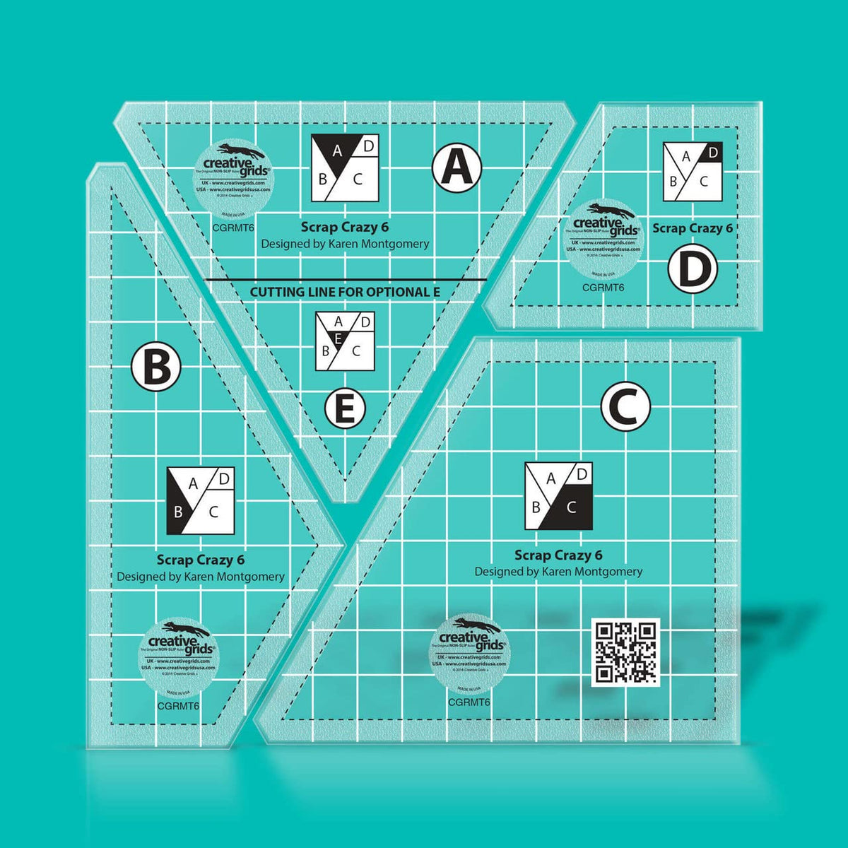 Creative Grids Scrap Crazy 6 Template Set Quilt Ruler – CGRMT6 – Made in USA, 6in x 9in, Non-Slip Grip Acrylic Quilting, Sewing, Crafting, Patchwork Ruler & Template