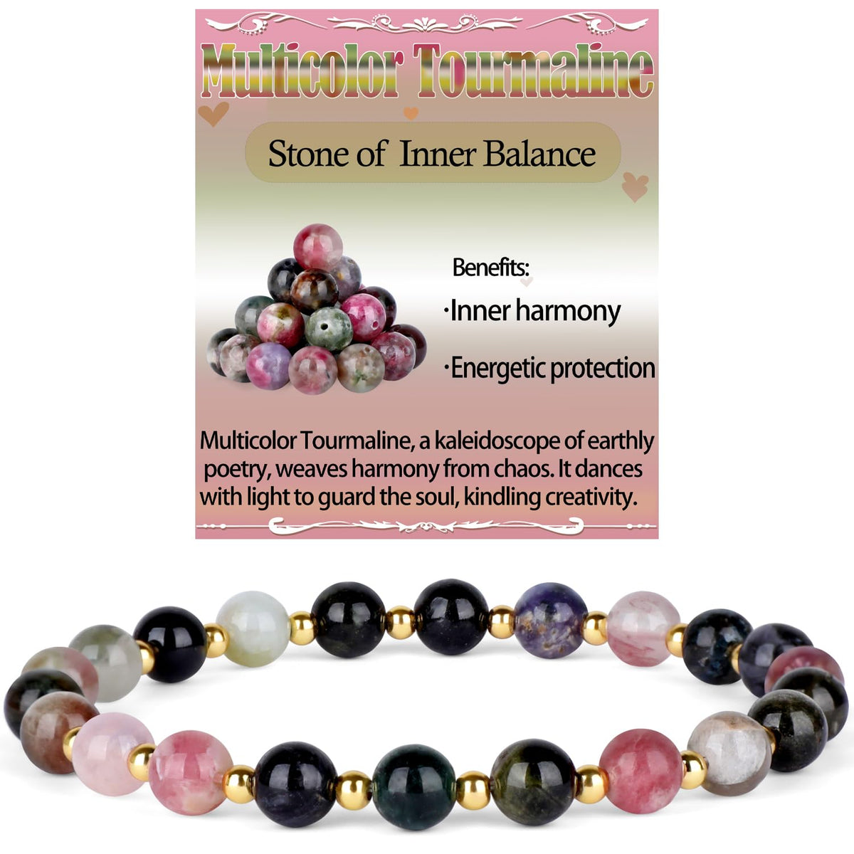 QOGIR Multicolor Tourmaline - Stone of Inner Balance - 14K Gold Plated Beads Natural Gemstone Stretch Elastic Dainty Healing Beaded Bracelets Gifts 6mm