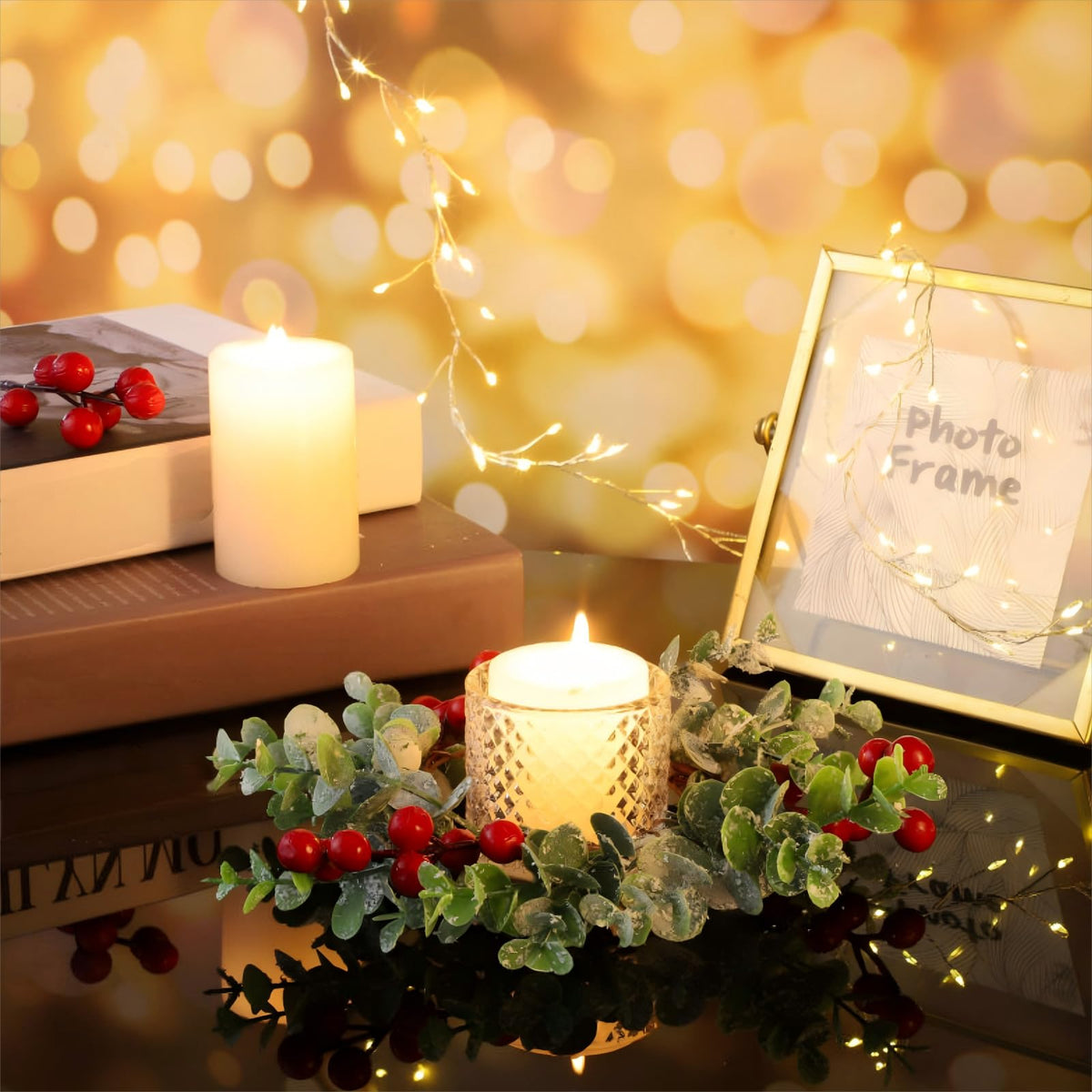 WILLBOND 4 Pieces 9.5" Mini Christmas Wreaths for Kitchen Cabinet Small Christmas Candle Rings Red Berries Wreath Pillar Candle Rings Xmas Hanging Garlands for Front Door Fireplace Window Decor