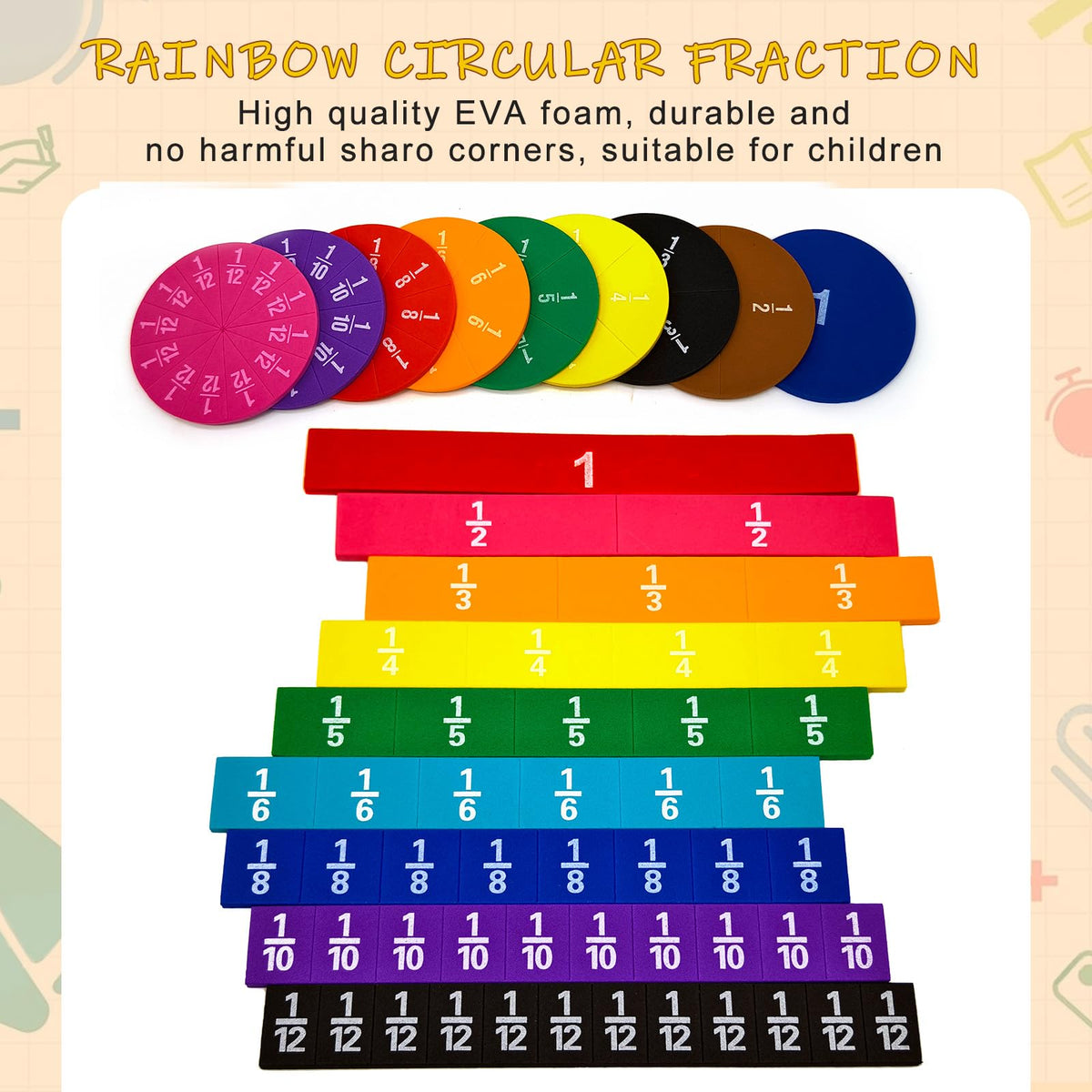 12 Sets Fraction Bars Include 6 Sets Fraction Tiles and 6 Sets Fraction Circles for Math Classroom Foam Fractions Manipulatives Math Manipulatives for Home School Supplies