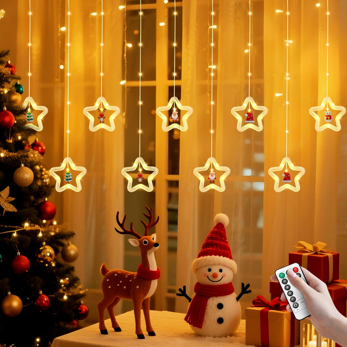 BomKra Christmas Star Curtain Lights, Christmas Window Lights Decor with Remote,8 Lighting Modes, IP65 Waterproof, 10 Hooks Christmas Decorations Indoor Outdoor for Bedroom Party Wall Door Window