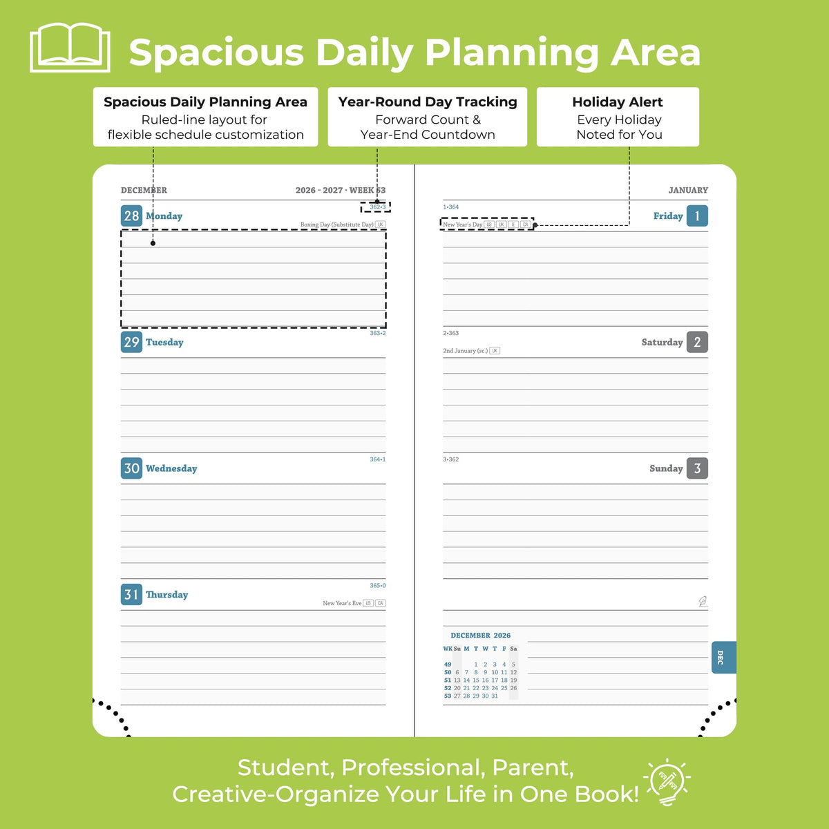 IN-LUXPRO Planner 2026-2027 Daily Weekly and Monthly,6.5"x3.75",18 Months Spiral Bound Calendar Agenda with Self-adhesive Pen Holder,2026 Academic Plan with Vegan Leather Soft Cover,Wasabi Green