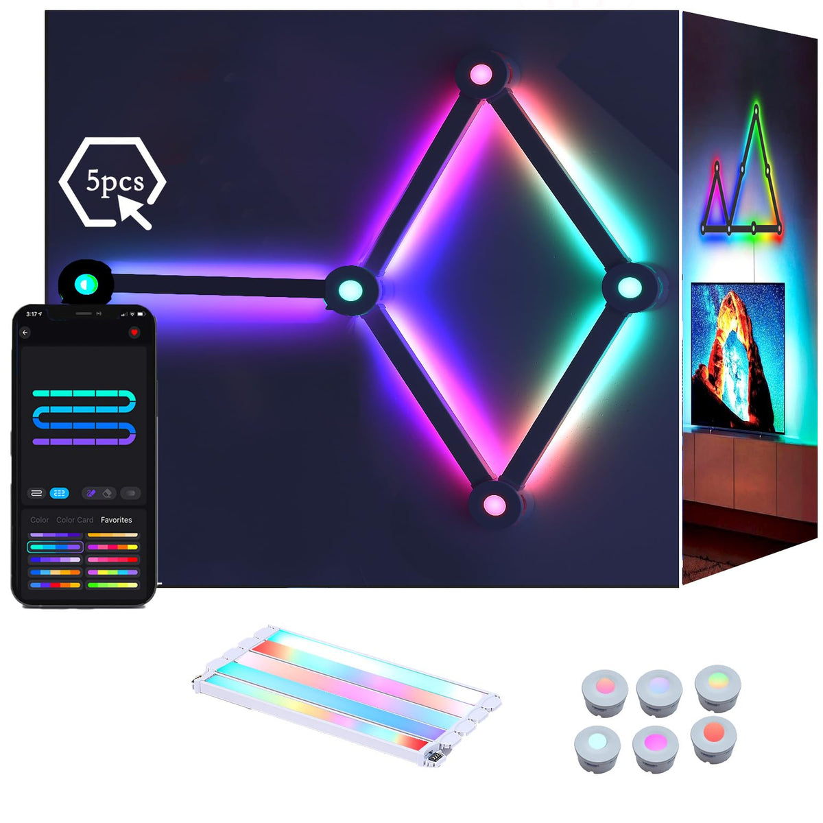HEDCINLT RGB Wall Light lines, Smart Gaming LED Lights DIY Geometry Splicing Gaming Wall Light Bar, Backlit Modular APP Control Colour Changing for Game Room,Bedroom,Home Decor Lights (5 Lines, White)