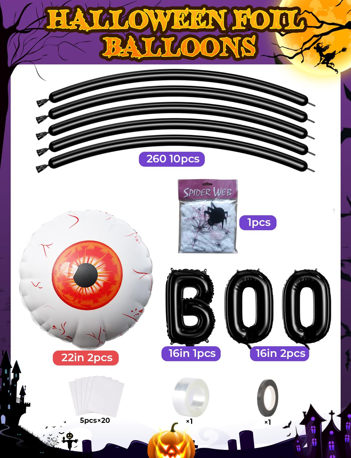 Halloween Balloon Garland Arch Kit, 138PCS Purple Orange and Black Balloons with BOO Foil Balloons, Spider Web, Eyeball Balloons for Birthday, Halloween Party Decorations Indoor Outdoor