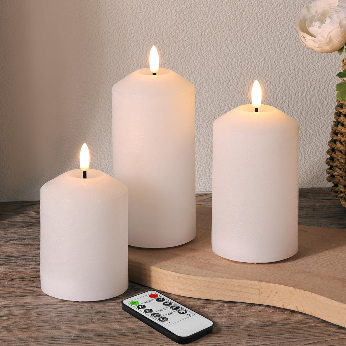 Girimax White Flameless Pillar Candles with Remote, Real Wax LED Candles Battery Powered Flickering Set of 3