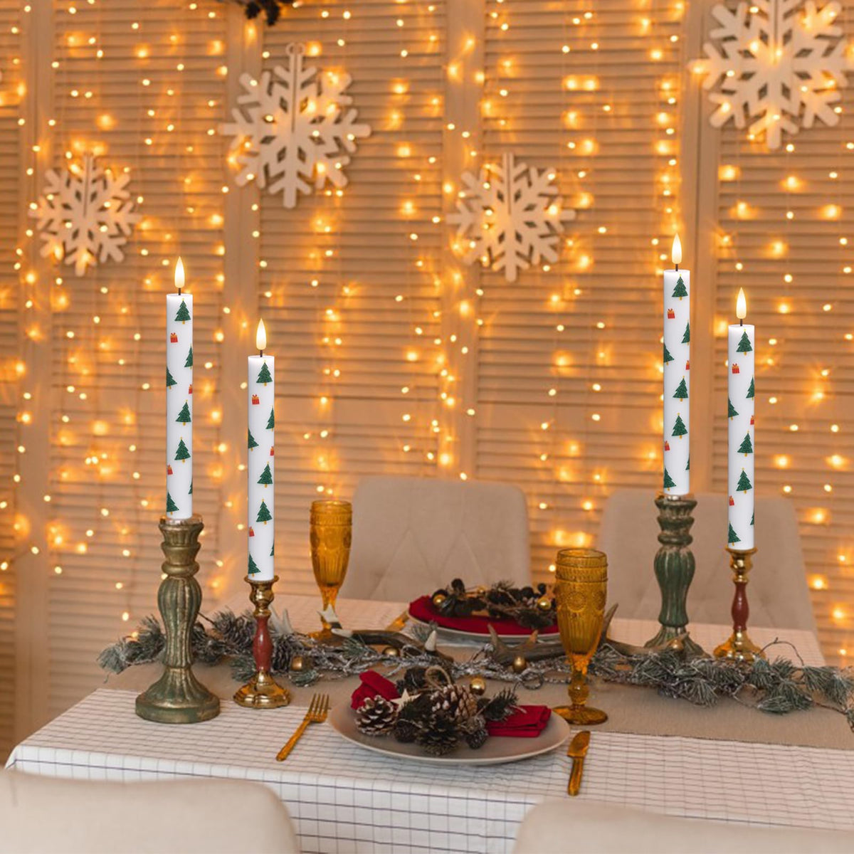 GenSwin Christmas Flameless Taper Candles, 4 Pack Christmas Tree Candles with Remote Timer, Real Wax Flickering LED Flameless Candlesticks Battery Operated with Decals for Home Decor(0.75” x 9.65”)