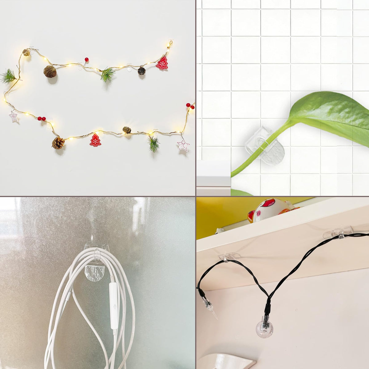 Karsbarwe 120 Clear Mini Light Clips with 132 Adhesive Strips, Small Removable Wall Hooks No Damage, Transparent Wire Hooks for Christmas String Lights, Indoor Holiday Decorations, Cables and Cords