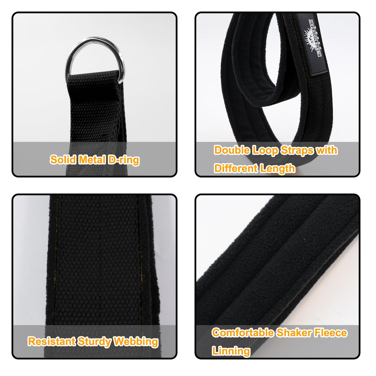 Lights Mountain Durable Pilates Double Loop D-Ring Straps - Padded Handles for Reformer, Yoga & Home Gym Workouts (black M)
