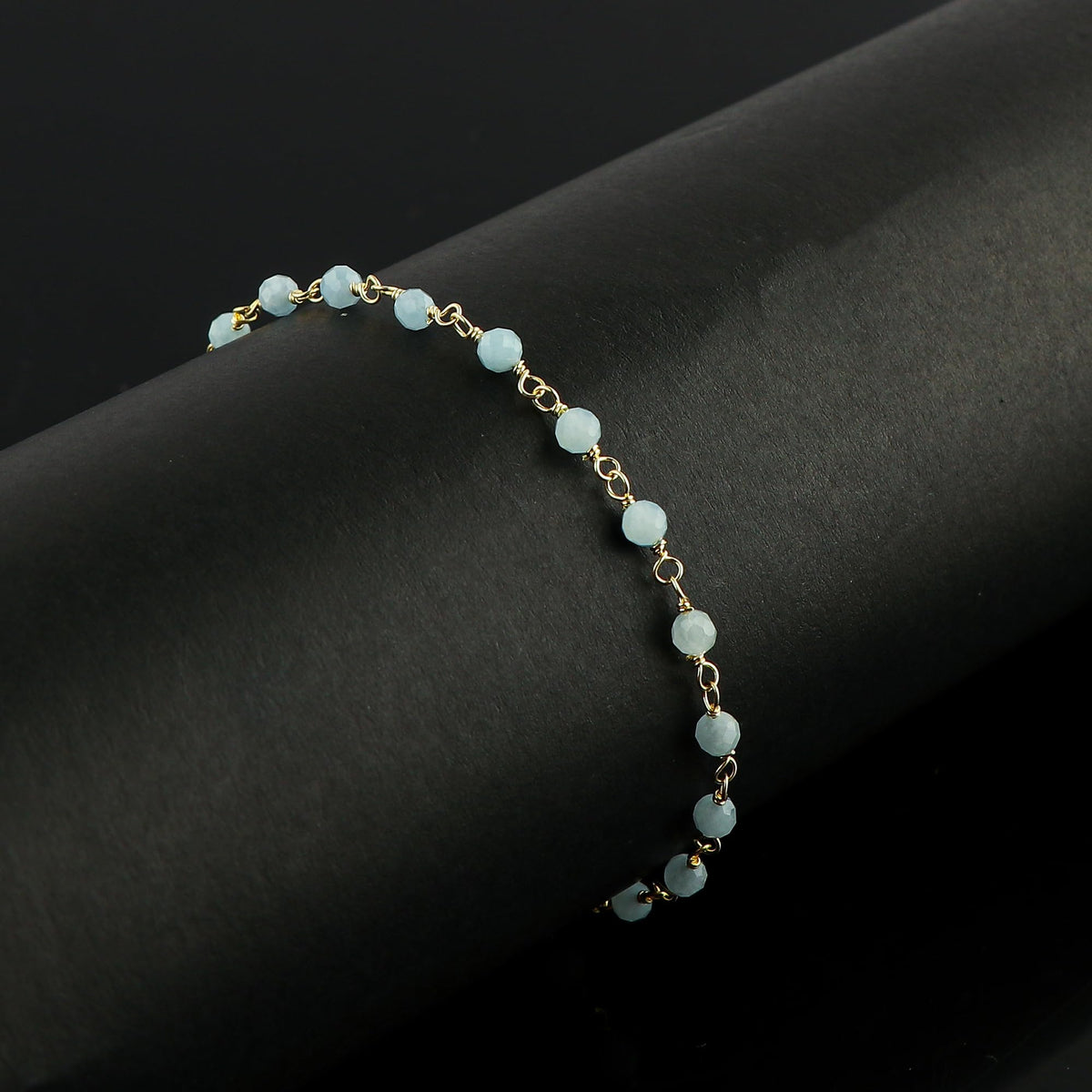 CRYSTALINES Natural Aquamarine Gemstone Rosary Chain Bracelet, 14K Gold Plated, Handmade Jewelry, Wire Wrapped Beads, March Birthstone, Adjustable Chain 8inch, Gift for Women