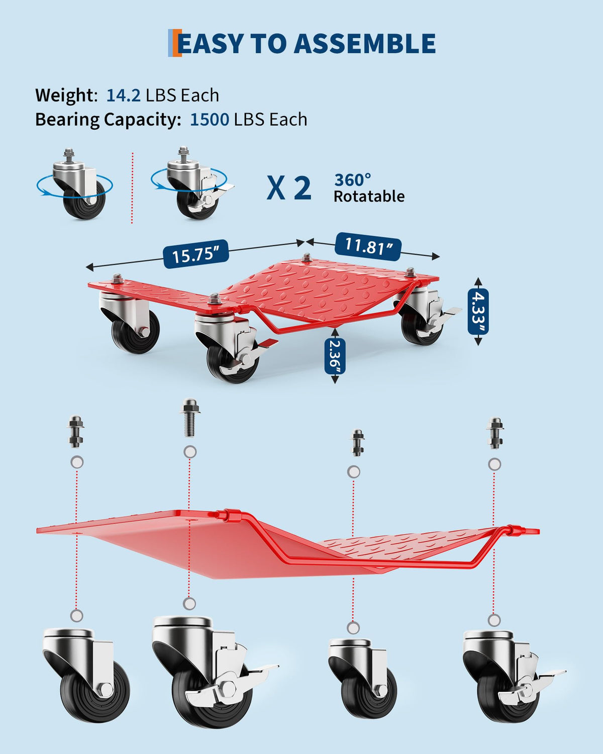 Wheel Dolly Set of 4, Car Moving Dolly 6000LBS Heavy-Duty Cart for Moving Cars, Trucks, Trailers, Motorcycles, and Boats, Red