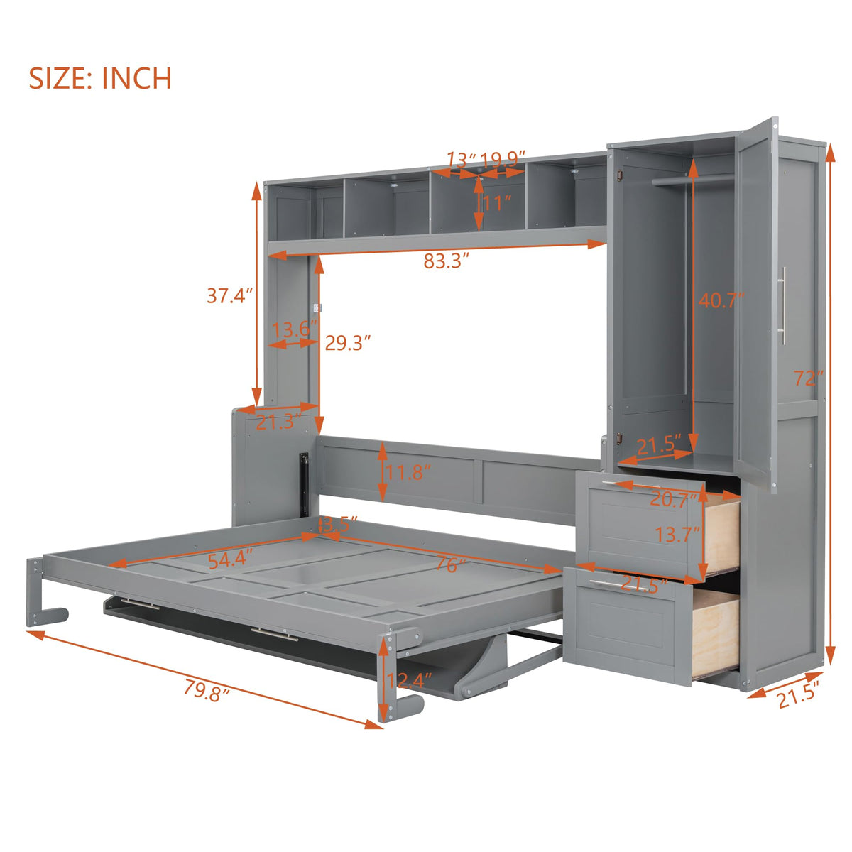 Ball & Cast Murphy Bed Full Size with Five-Layer Cabinet,Solid Wood Storage Hidden Wall Bedframe,W/Folding Designed,Space-Saving,for Home Office,Study,Guest Room,Gray