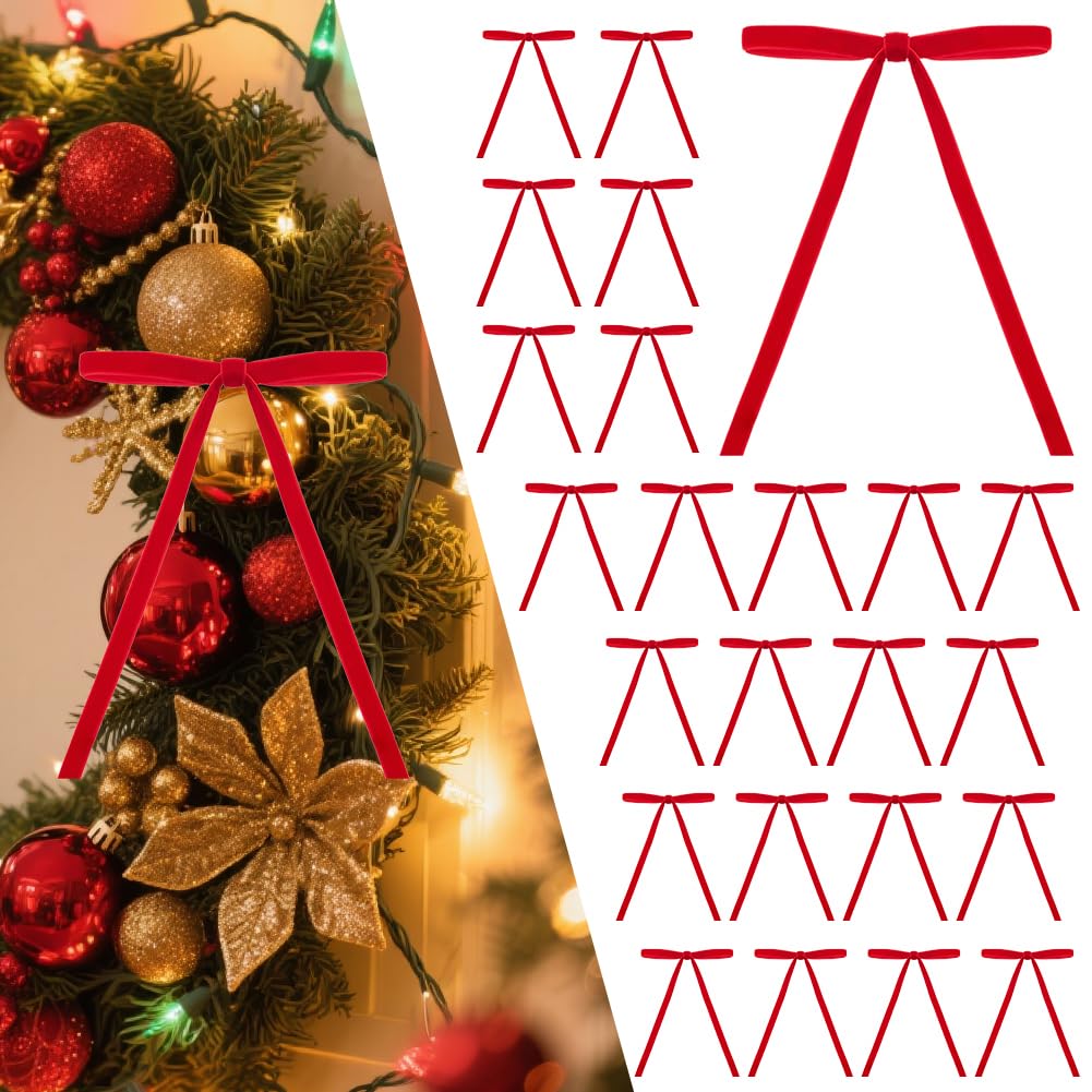 26 Pcs Velvet Christmas Tree Bows Ornaments, 5x7 Inch, 3/8" Wide, Craft Ribbon Bows for Garland Wreath Indoor Outdoor Xmas Decorations, Red
